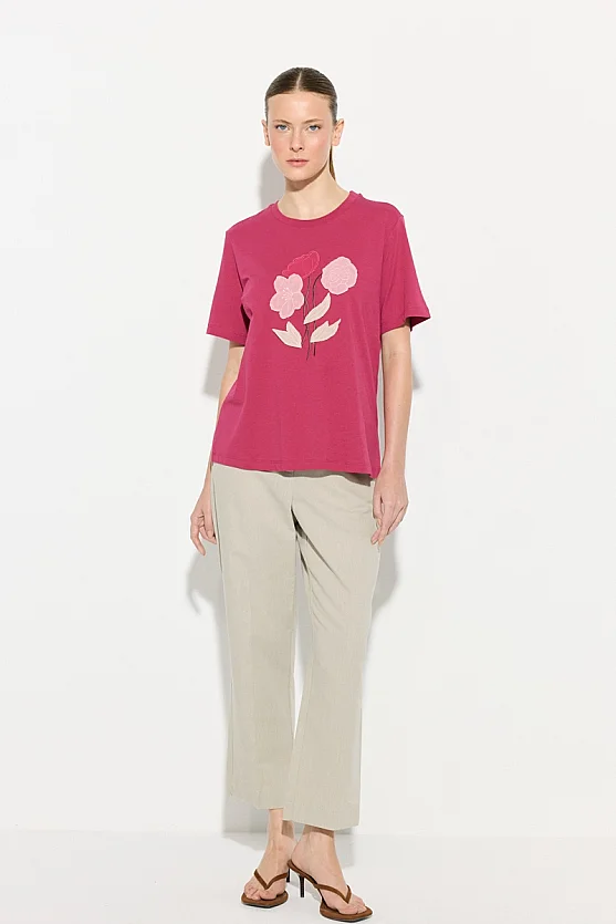Floral Stitch Detail Cotton T-Shirt - Fuchsia - 3