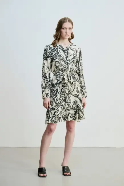 Flounce Hem Patterned Viscose Dress - Ecru Ecru