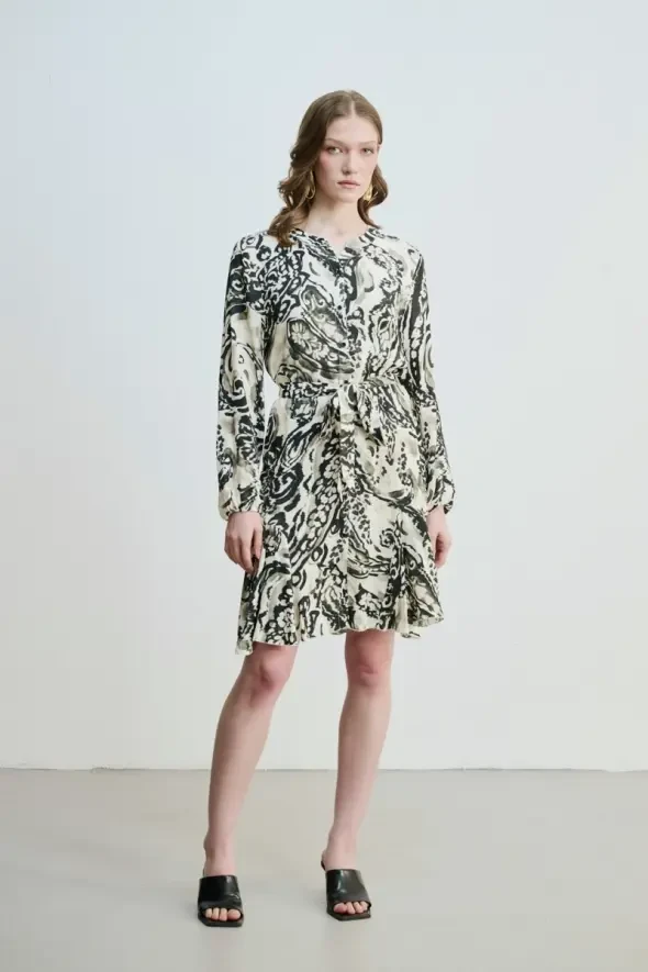 Flounce Hem Patterned Viscose Dress - Ecru - 1