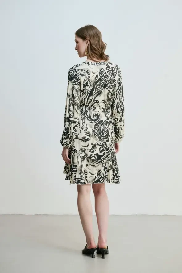 Flounce Hem Patterned Viscose Dress - Ecru - 5
