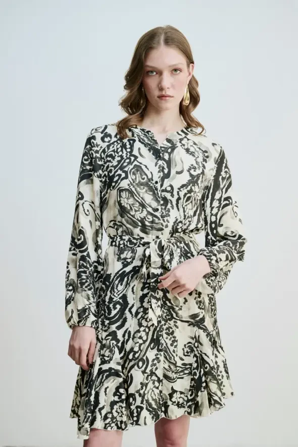 Flounce Hem Patterned Viscose Dress - Ecru - 4