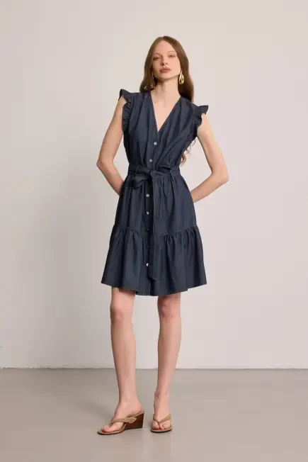 Flounce Sleeve Denim Dress - Blue Blue