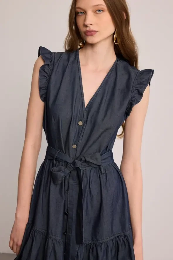 Flounce Sleeve Denim Dress - Blue - 2