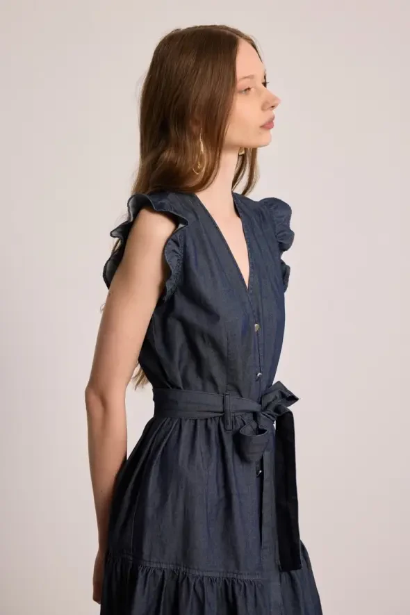 Flounce Sleeve Denim Dress - Blue - 3