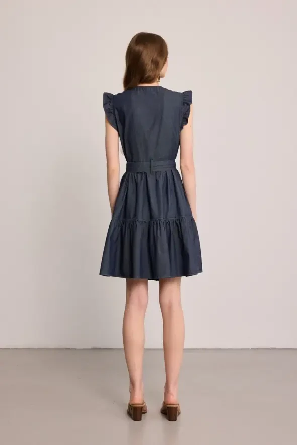 Flounce Sleeve Denim Dress - Blue - 6