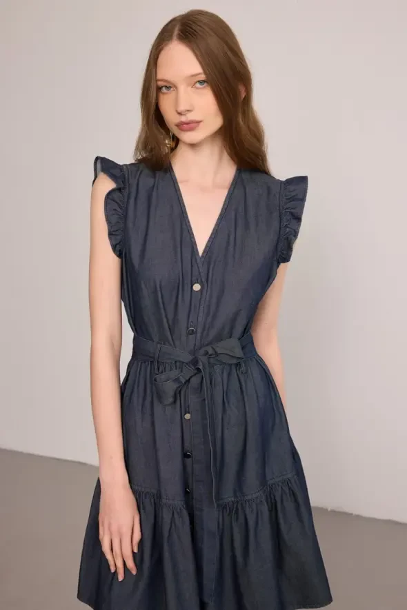 Flounce Sleeve Denim Dress - Blue - 4