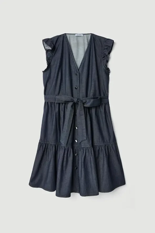 Flounce Sleeve Denim Dress - Blue - 5