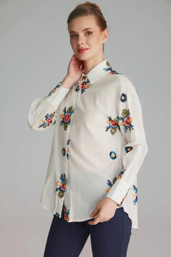 Flower Embroidered Shirt - White - 1