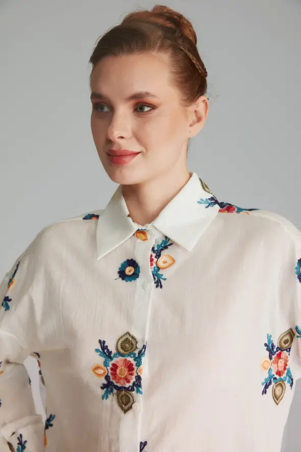 Flower Embroidered Shirt - White - 3