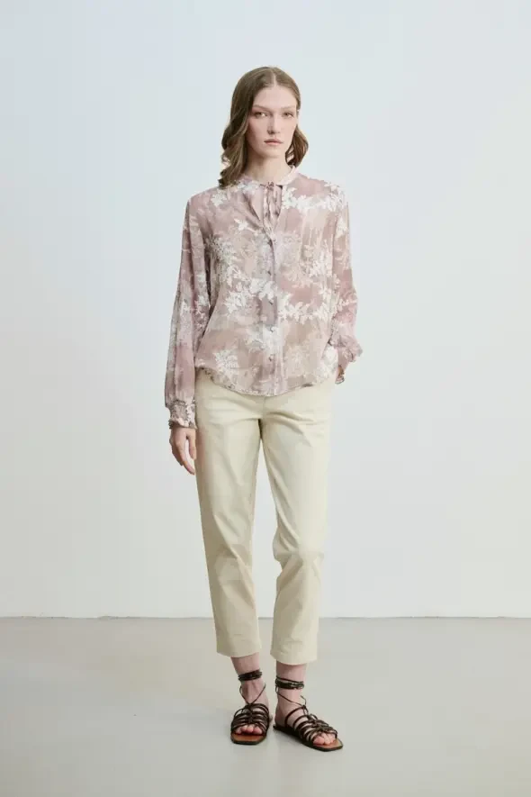 Flower Embroidery Blouse - Beige - 2