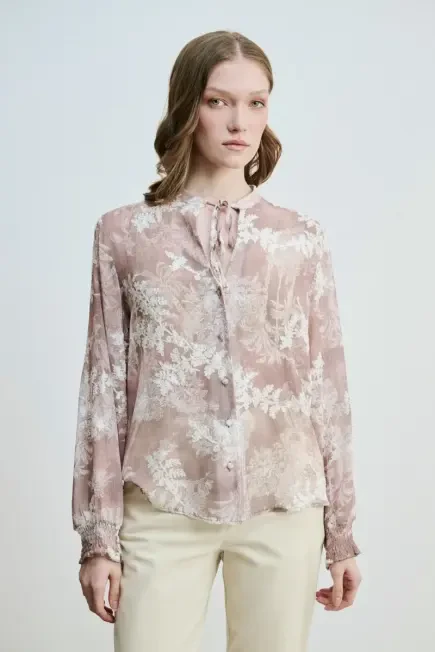 Flower Embroidery Blouse - Beige Beige