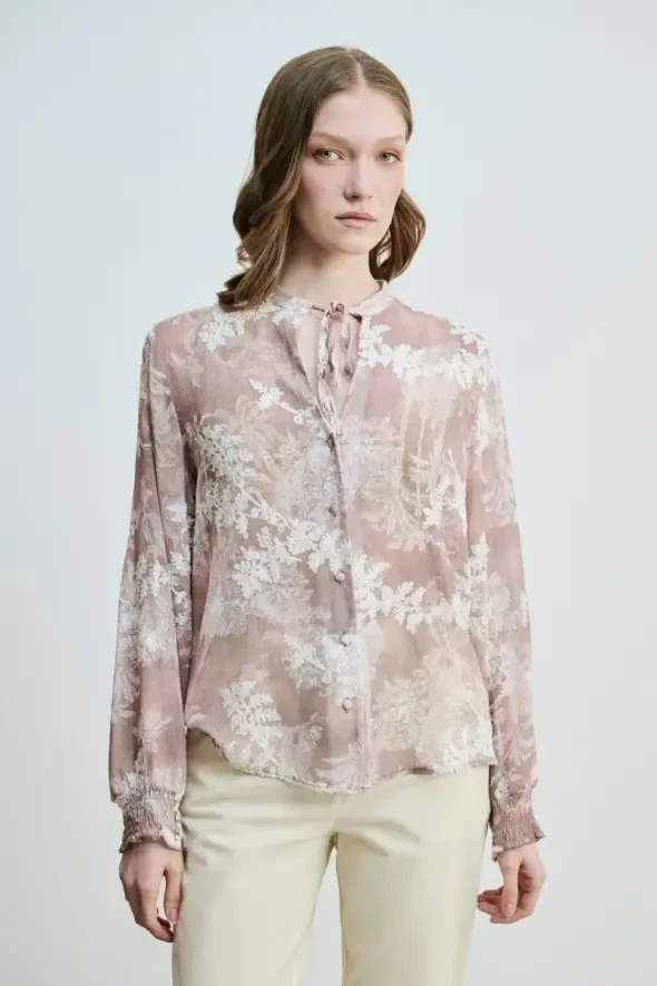 Flower Embroidery Blouse - Beige - 1