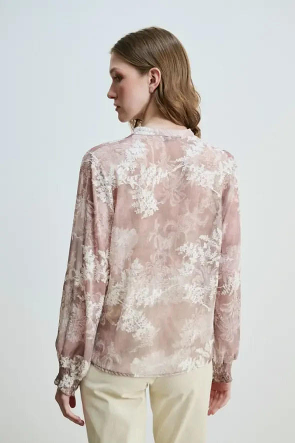 Flower Embroidery Blouse - Beige - 4