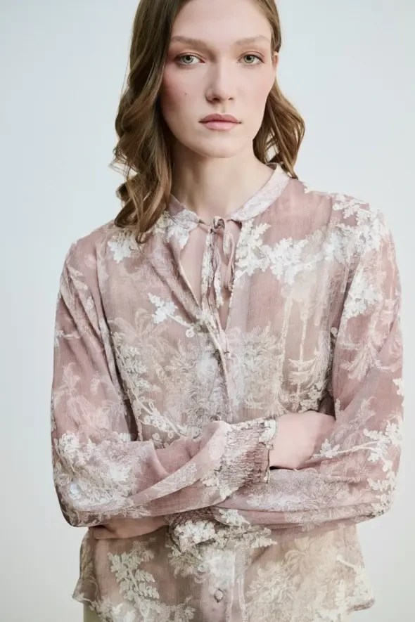 Flower Embroidery Blouse - Beige - 3