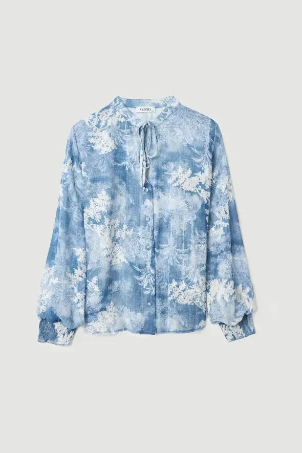 Flower Embroidery Blouse - Blue - 5