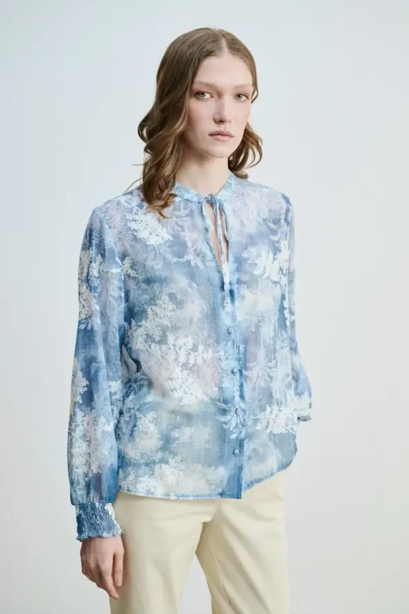 Flower Embroidery Blouse - Blue - 1