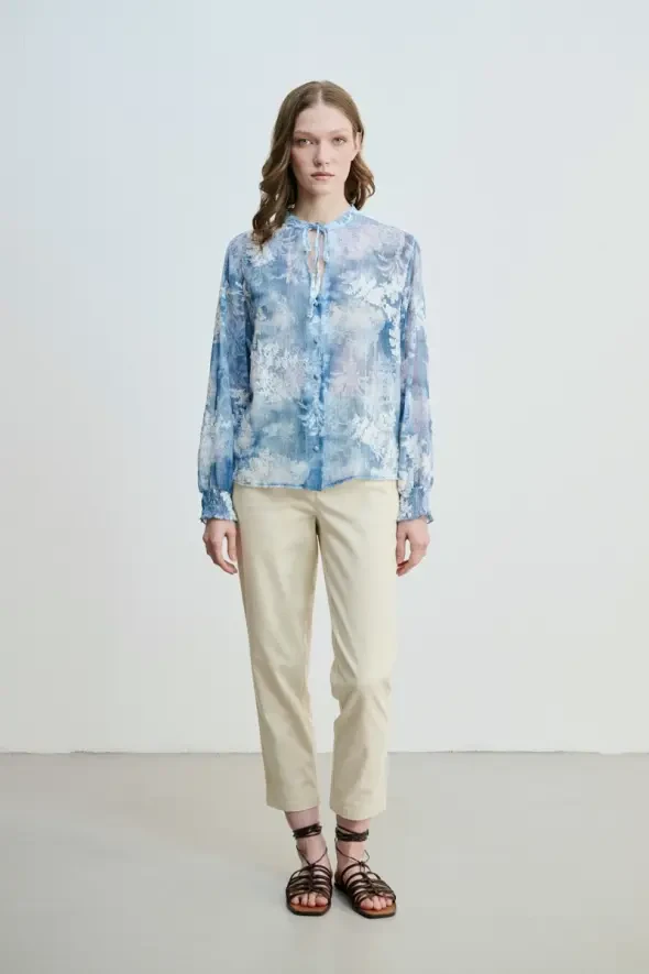 Flower Embroidery Blouse - Blue - 2