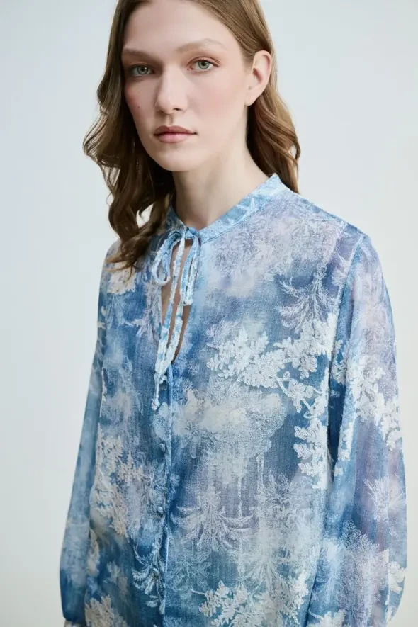 Flower Embroidery Blouse - Blue - 3