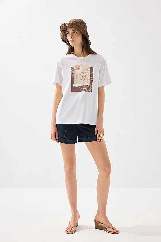 Foil Print Cotton T-Shirt - White - 5