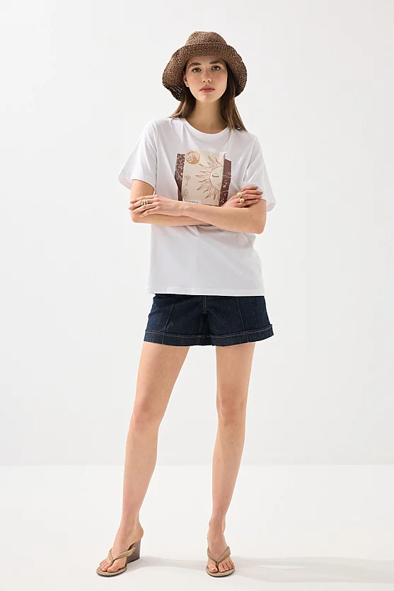 Foil Print Cotton T-Shirt - White - 6