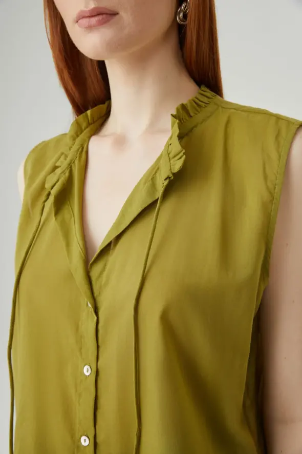 Frilled Collar Cotton Blouse - Green - 3