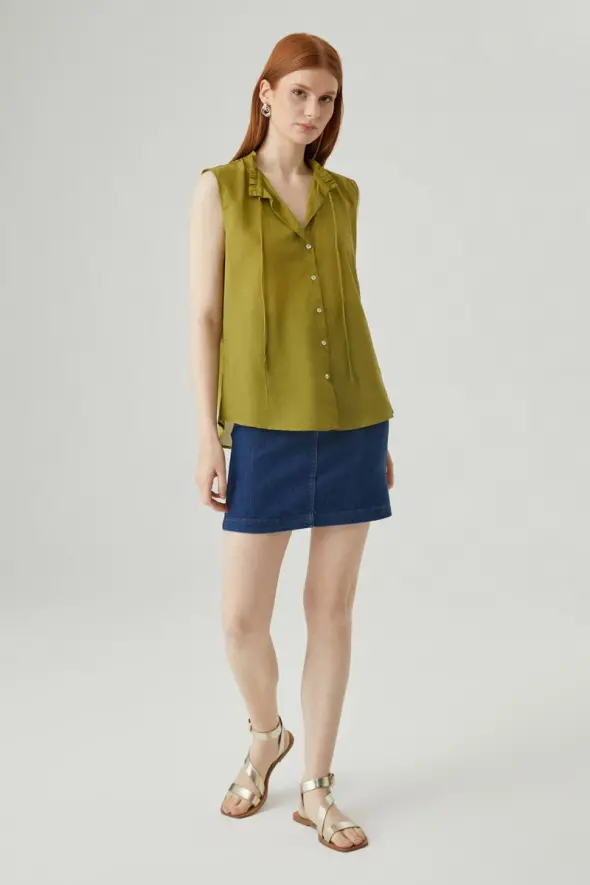 Frilled Collar Cotton Blouse - Green - 2