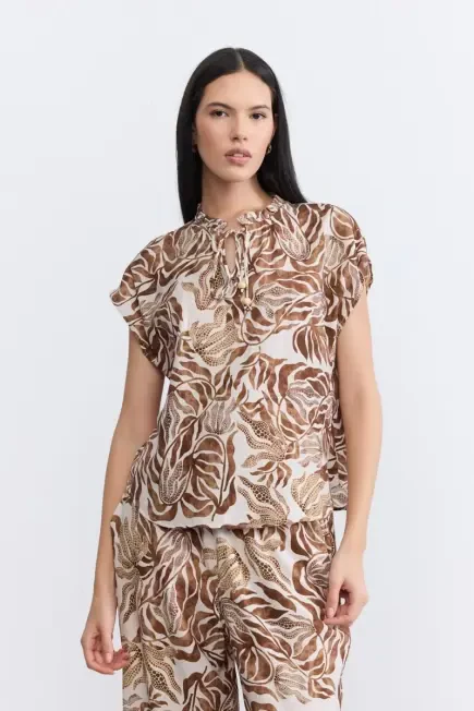 Frilled Collar Viscose Blouse - Brown Brown