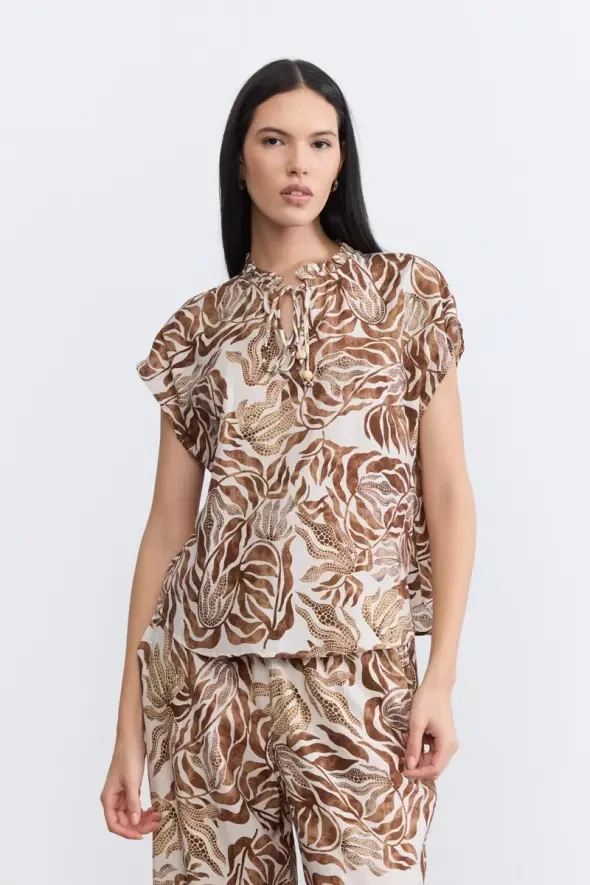 Frilled Collar Viscose Blouse - Brown - 1