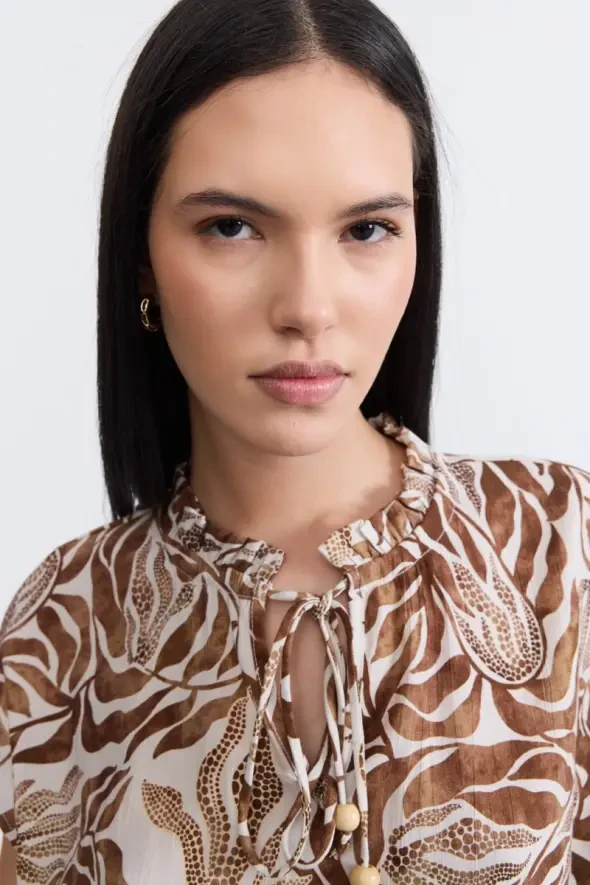 Frilled Collar Viscose Blouse - Brown - 4