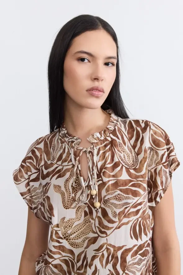 Frilled Collar Viscose Blouse - Brown - 5