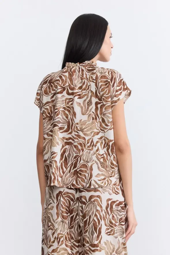 Frilled Collar Viscose Blouse - Brown - 6