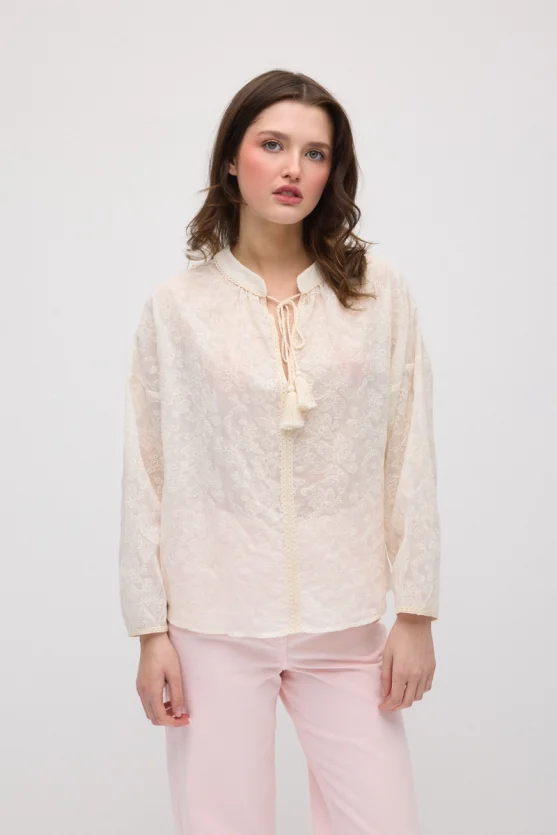 Fringed Cotton Lace Blouse - Ecru - Gusto