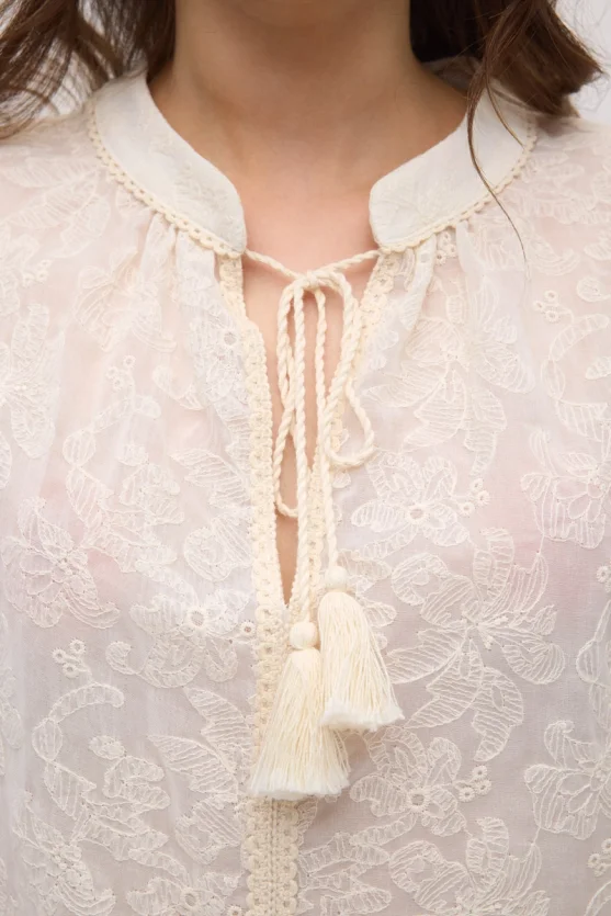 Fringed Cotton Lace Blouse - Ecru - Gusto