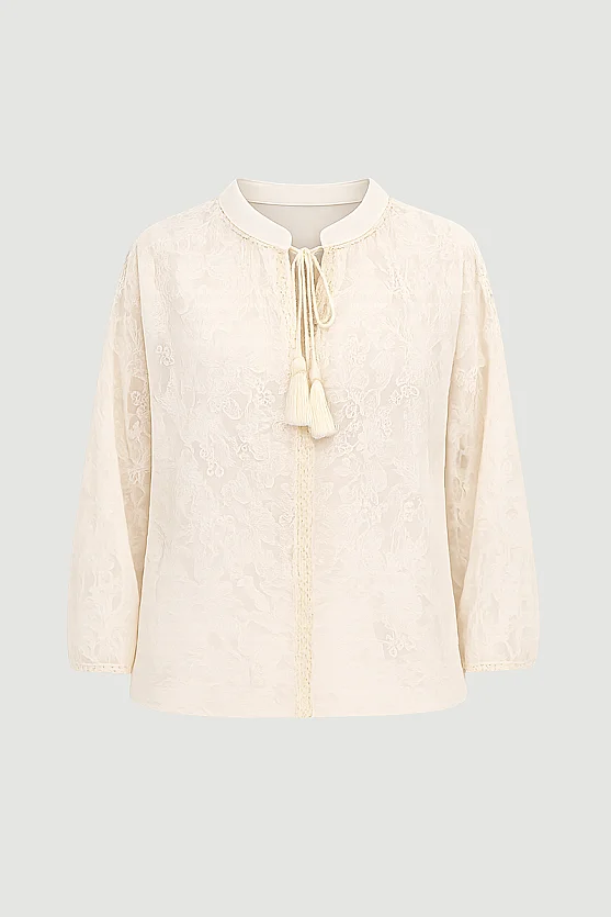 Fringed Cotton Lace Blouse - Ecru - Gusto