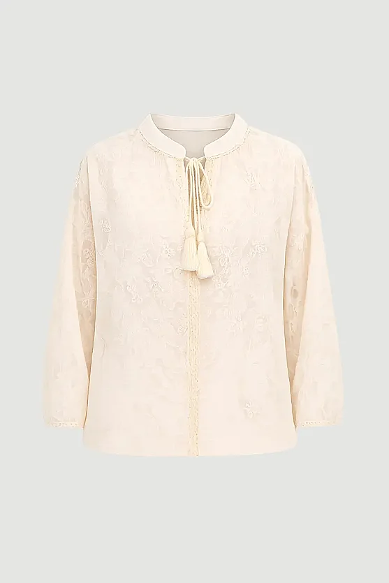 Fringed Cotton Lace Blouse - Ecru - Gusto