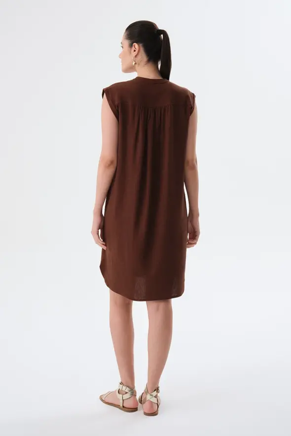 Fringed Linen Dress - Brown - 5