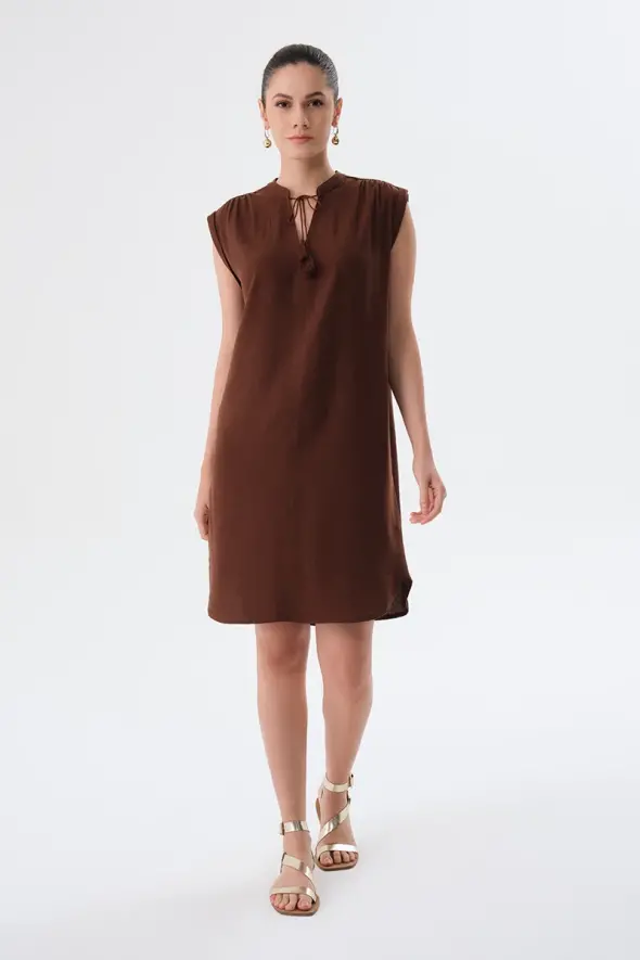 Fringed Linen Dress - Brown - 3