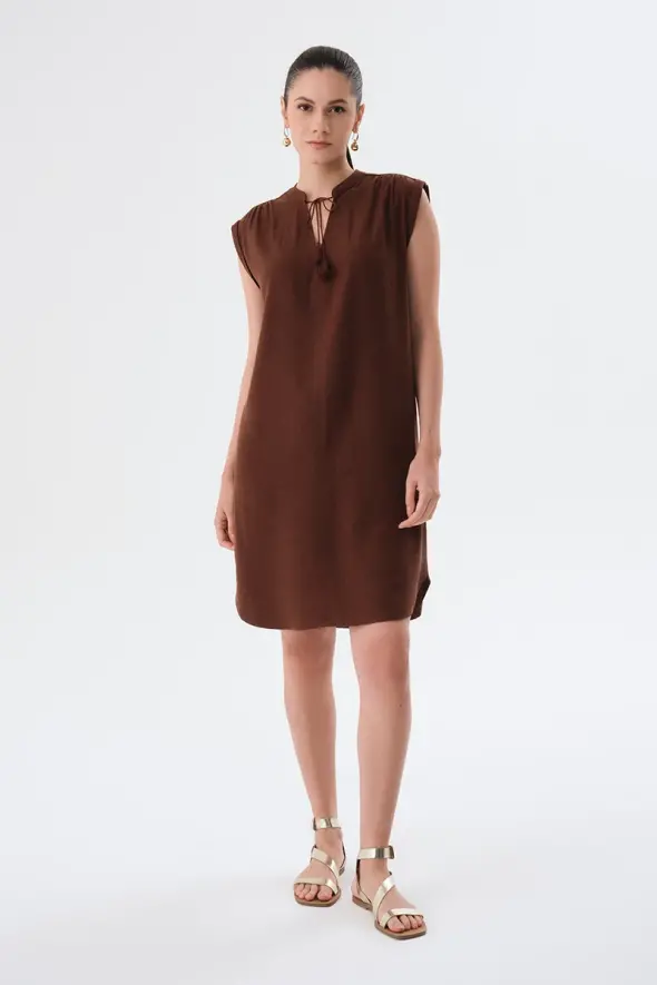 Fringed Linen Dress - Brown - 1