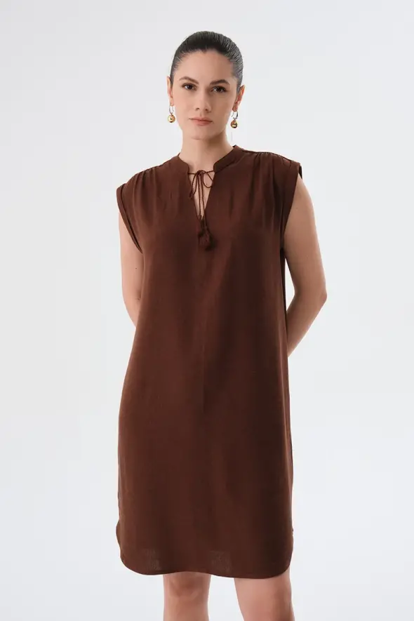 Fringed Linen Dress - Brown - 2