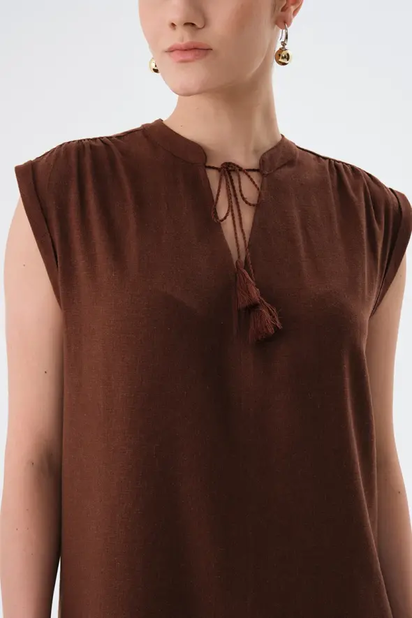 Fringed Linen Dress - Brown - 4