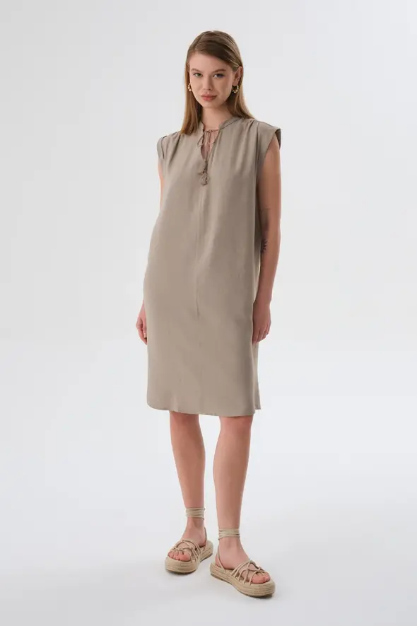 Fringed Linen Dress - Mink - 1