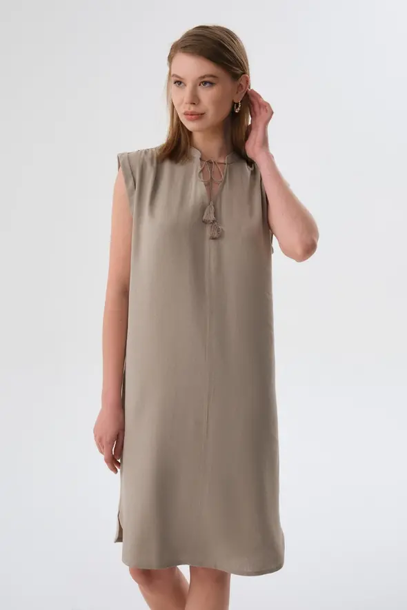 Fringed Linen Dress - Mink - 2