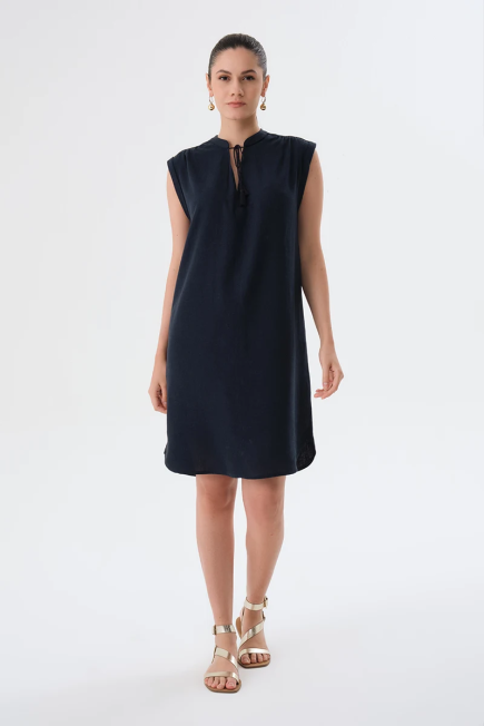 Fringed Linen Dress - Navy Blue Navy Blue