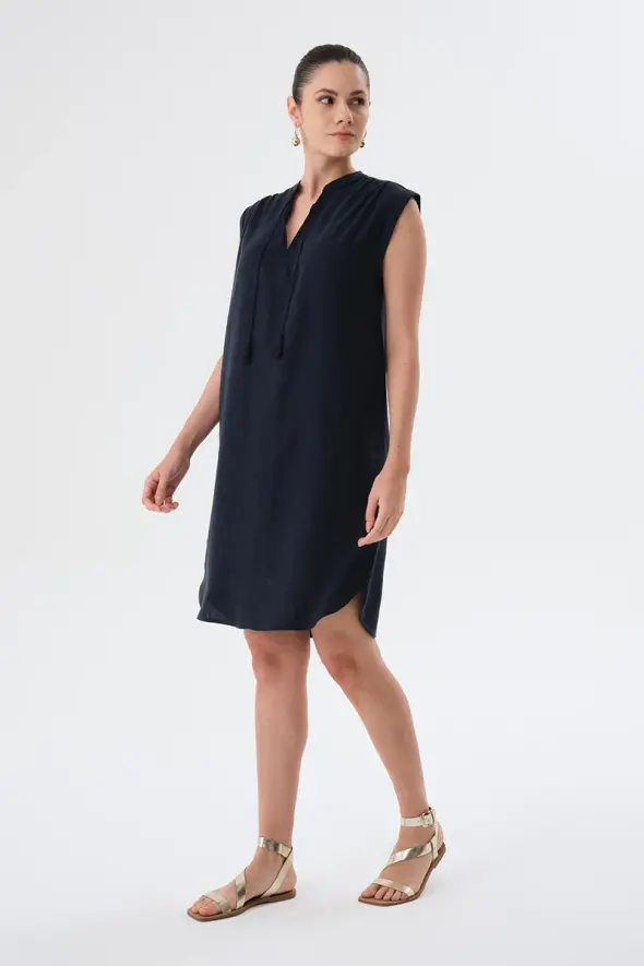 Fringed Linen Dress - Navy Blue - 3