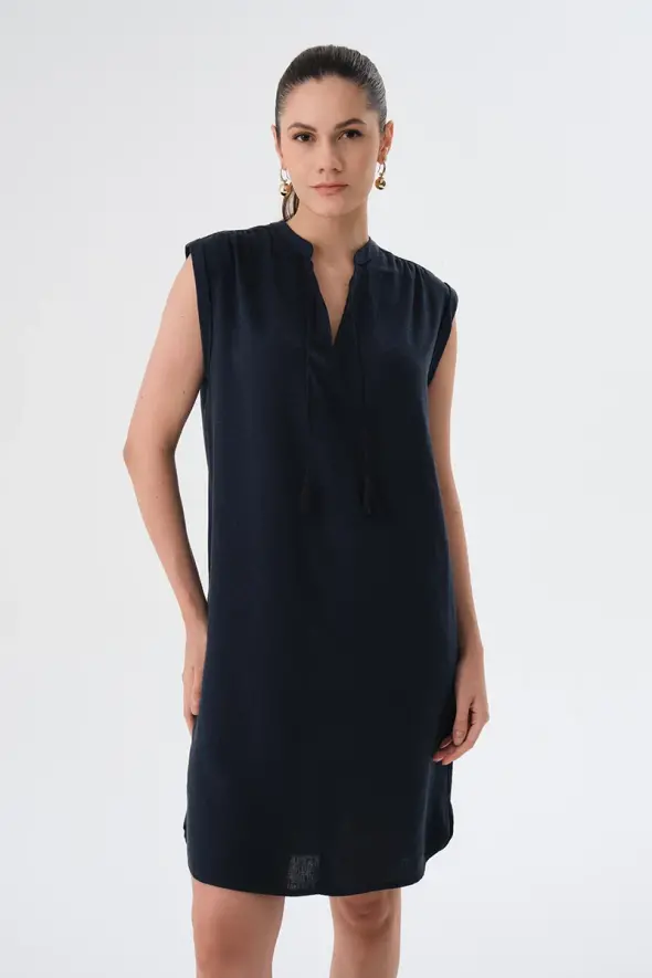 Fringed Linen Dress - Navy Blue - 2