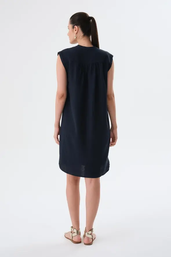 Fringed Linen Dress - Navy Blue - 5