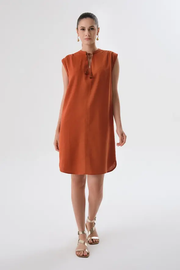 Fringed Linen Dress - Terracotta - 1