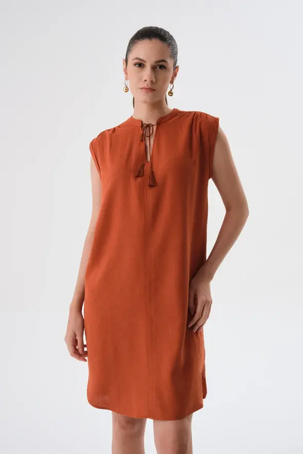 Fringed Linen Dress - Terracotta - 2