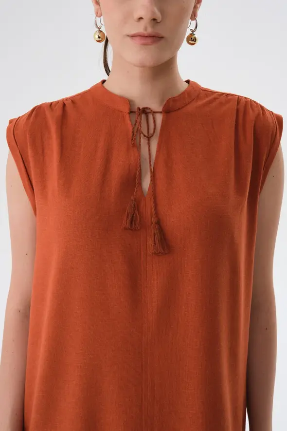 Fringed Linen Dress - Terracotta - 3