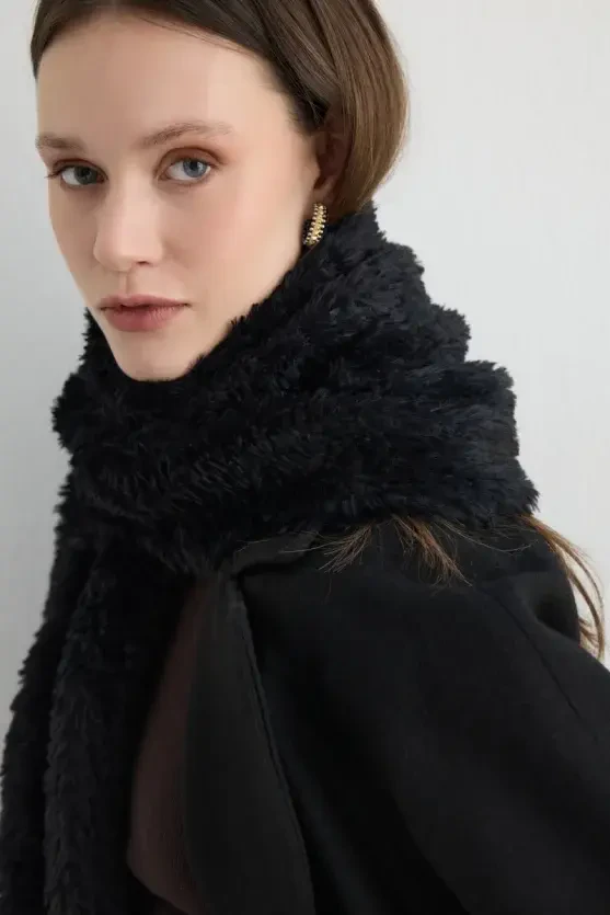 Fringed Plush Shawl - Black - 4